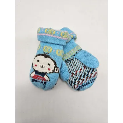 Рукавиці варежки в’язані подвійні з мавпочкою на вік від 2 до 4 років Блакитний 18763