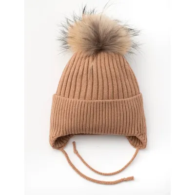 Шапка вязаная в рубчик на завязки с натуральным енотовым помпоном на флисовой подкладке с отворотом Glory Kids 48-50 Темно-бежевый 5009