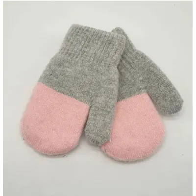 Рукавиці варежки в’язані подвійні двоколірні на вік від 1 до 2 років Сірі з рожевим 7443
