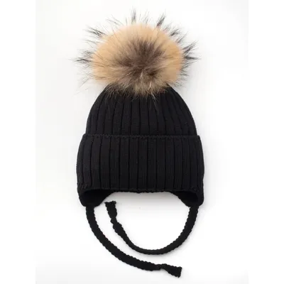 Шапка в’язана в рубчик на зав'язки з натуральним єнотовим помпоном на флісовій підкладці з манжетом Glory Kids 46-48 Чорний 5008