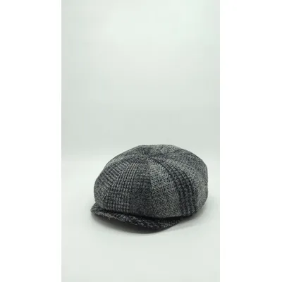 Кепка восьмиклинка хуліганка вовняна в клітинку на ніжці 8-BRISCOLA HarrisTweed HOOK 56 Сірий HT-BA47D2