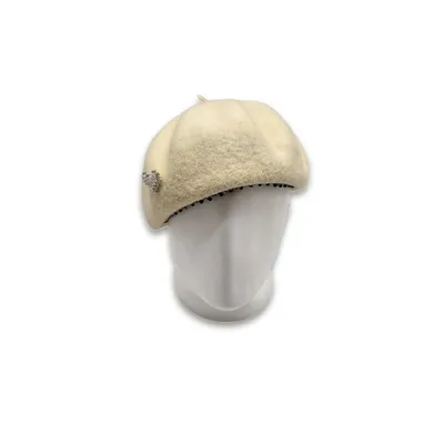 Берет формований вовняний з брошкою та стразами 56-58 Кремовий 15490