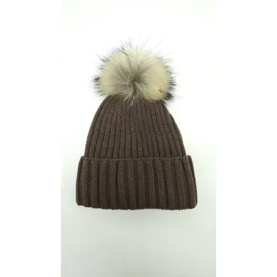 Шапка в’язана в рубчик з натуральним єнотовим помпоном на флісовій підкладці з манжетом Іві Glory Kids 50-52 Темний шоколад 5003