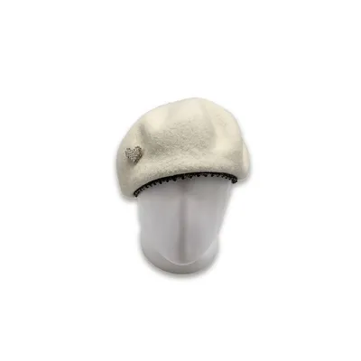 Берет формований вовняний з брошкою та стразами 56-58 Молочний 15488