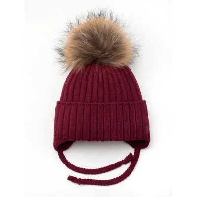 Шапка в’язана в рубчик на зав’язки з натуральним єнотовим помпоном на флісовій підкладці з манжетом Glory Kids 46-48 Бургунді 5008