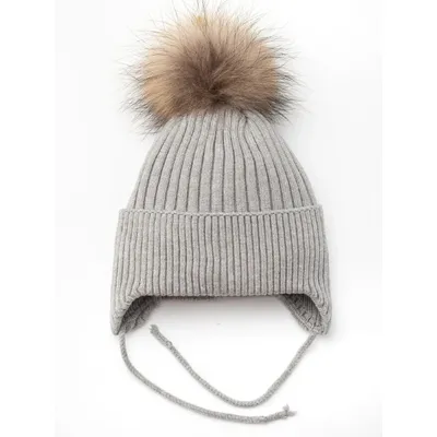 Шапка вязаная в рубчик на завязки с натуральным енотовым помпоном на флисовой подкладке с отворотом Glory Kids 48-50 Темно-серый 5009