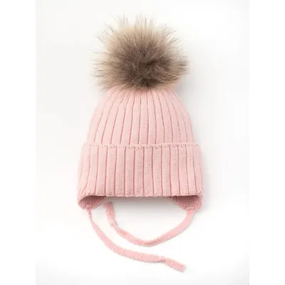 Шапка в’язана в рубчик на зав'язки  з натуральним єнотовим помпоном на флісовій підкладці з манжетом Glory Kids 46-48 Пудровий 5008