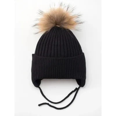 Шапка вязаная в рубчик на завязки с натуральным енотовым помпоном на флисовой подкладке с отворотом Glory Kids 48-50 Черный 5009