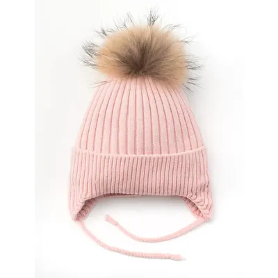 Шапка в’язана в рубчик на зав’язки з натуральним єнотовим помпоном на флісовій підкладці з манжетом Glory Kids 48-50 Пудровий 5009