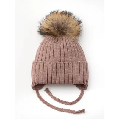 Шапка в’язана в рубчик на зав'язки  з натуральним єнотовим помпоном на флісовій підкладці з манжетом Glory Kids 46-48 Капучіно 5008