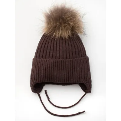 Шапка вязаная в рубчик на завязки с натуральным енотовым помпоном на флисовой подкладке с отворотом Glory Kids 48-50 Темный шоколад 5009