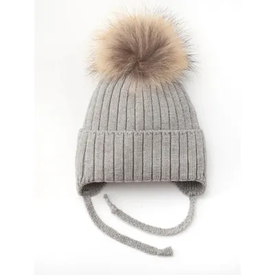 Шапка в’язана в рубчик на зав’язки з натуральним єнотовим помпоном на флісовій підкладці з манжетом Glory Kids 46-48 Темно-сірий 5008