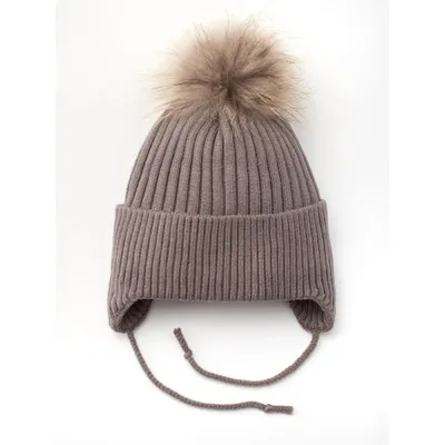 Шапка в’язана в рубчик на зав’язки з натуральним єнотовим помпоном на флісовій підкладці з манжетом Glory Kids 48-50 Графітовий 5009