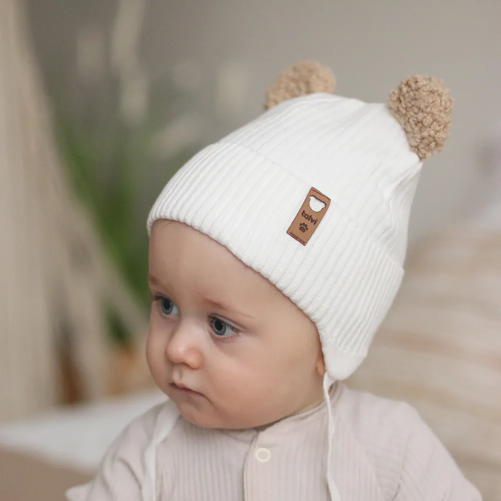 Шапка вязаная с ушками Teddy на завязки на хлопковой подкладке Барни Talvi 42-44 Молочный 16266 