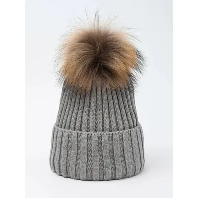 Шапка в’язана в рубчик з натуральним єнотовим помпоном на флісовій підкладці з манжетом Іві Glory Kids 50-52 Темно-сірий 5003
