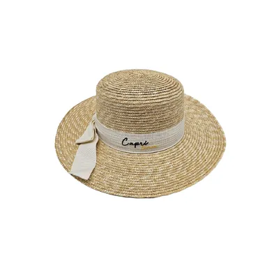 Шляпа соломенная канотье с ленточкой и надписью Capri Fortune 55-58 Бежевый с молочным S387