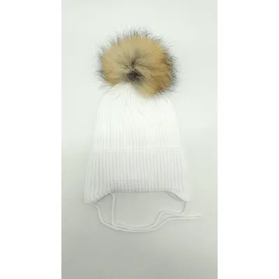 Шапка в’язана в рубчик на зав’язки з натуральним єнотовим помпоном на флісовій підкладці з манжетом Orange Glory Kids 48-50 Білий 9119