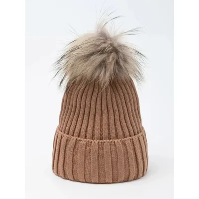 Шапка в’язана в рубчик з натуральним єнотовим помпоном на флісовій підкладці з манжетом Іві Glory Kids 50-52 Темно-бежевий 5003