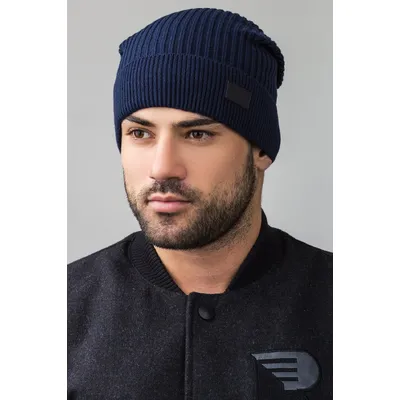 Шапка чоловіча подовжена середньої  в'язки з манжетом на флісовій підкладці Chicago Unix Cascona 55-60 Темно-синій
