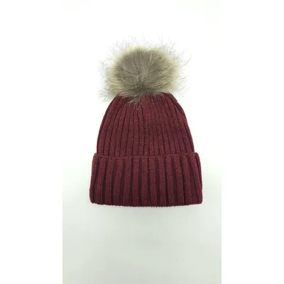 Шапка в’язана в рубчик з натуральним єнотовим помпоном на флісовій підкладці з манжетом Іві Glory Kids 50-52 Бургунді 5003