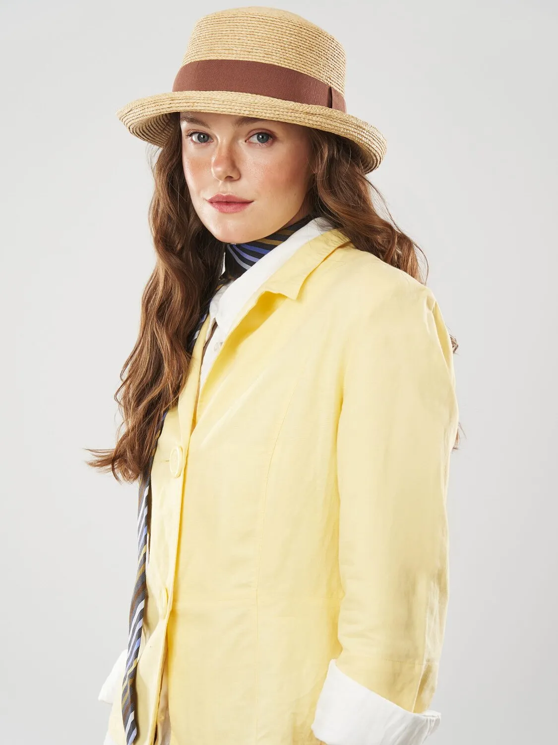 Капелюх канотьє з зігнутими вгору полями Fortune 55-58 Бежевий з коричневим SM385 