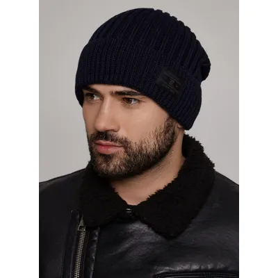 Шапка чоловіча подовжена грубої в'язки з манжетом на флісовій підкладці America Unix Cascona 56-59 Темно-синій