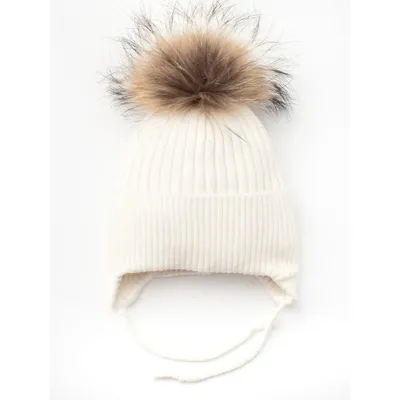 Шапка в’язана в рубчик на зав’язки з натуральним єнотовим помпоном на флісовій підкладці з манжетом Glory Kids 48-50 Молочний 5009