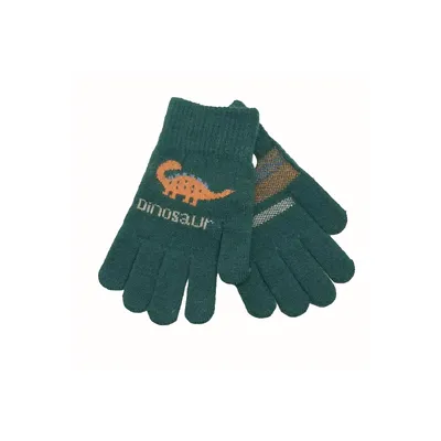 Перчатки вязаные для хлопчика з малюнком динозавра на возраст 5-7 лет Зеленый 15833