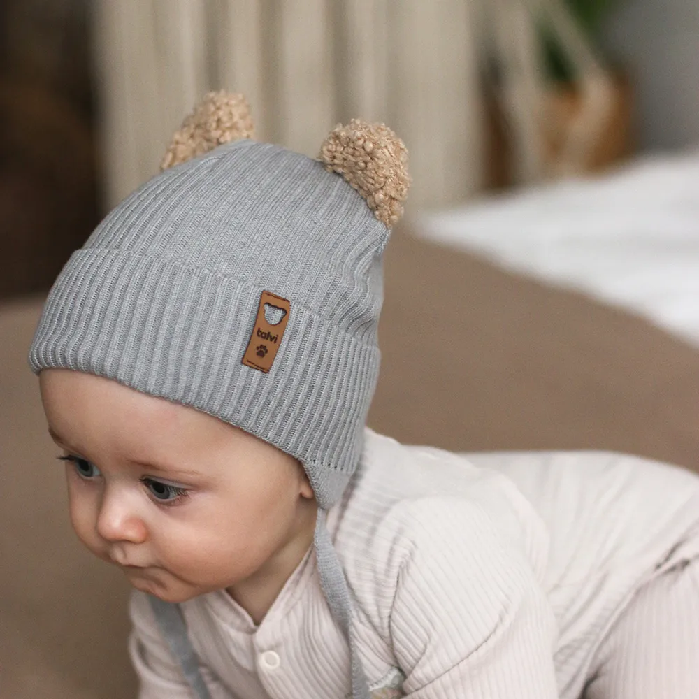 Шапка в’язана з вушками Teddy на зав’язки на бавовняній підкладці Барні Talvi 42-44 Сірий 16267 