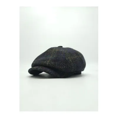 Кепка восьмиклинка хуліганка вовняна на ніжці в клітинку CH 55 Темно-синій Z-24/10