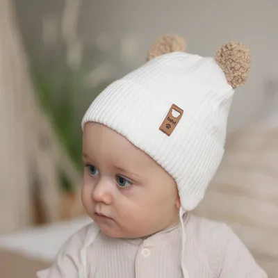 Шапка вязаная с ушками Teddy на завязки на хлопковой подкладке Барни Talvi 42-44 Молочный 16266